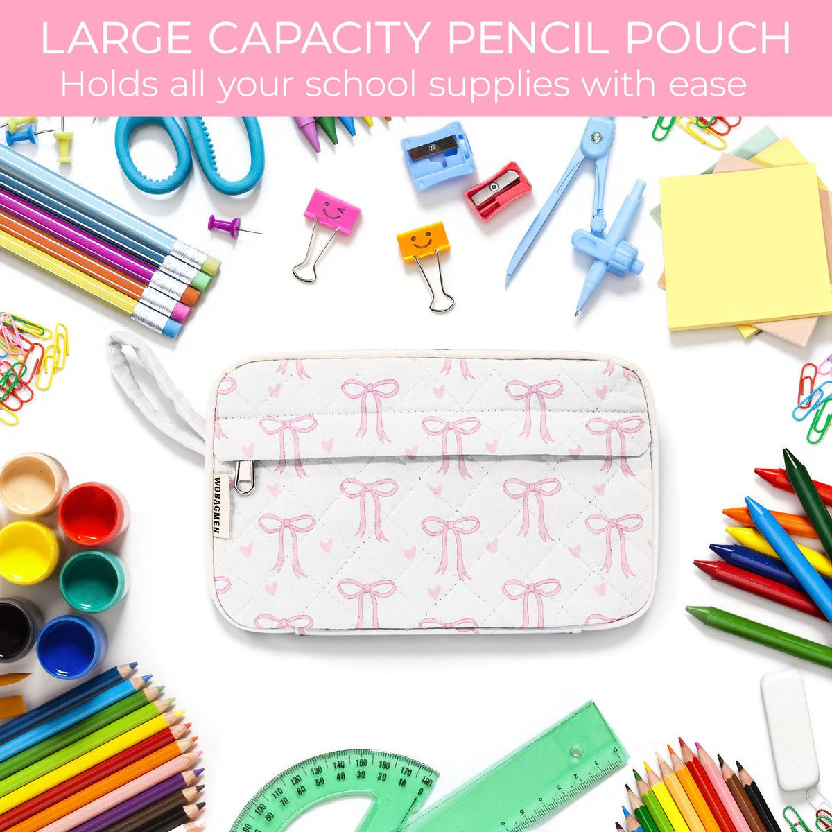 WOBAGMEN Quilted Pencil Pouch for Girls Women, Large Pencil Case Pouch with Compartments Cute