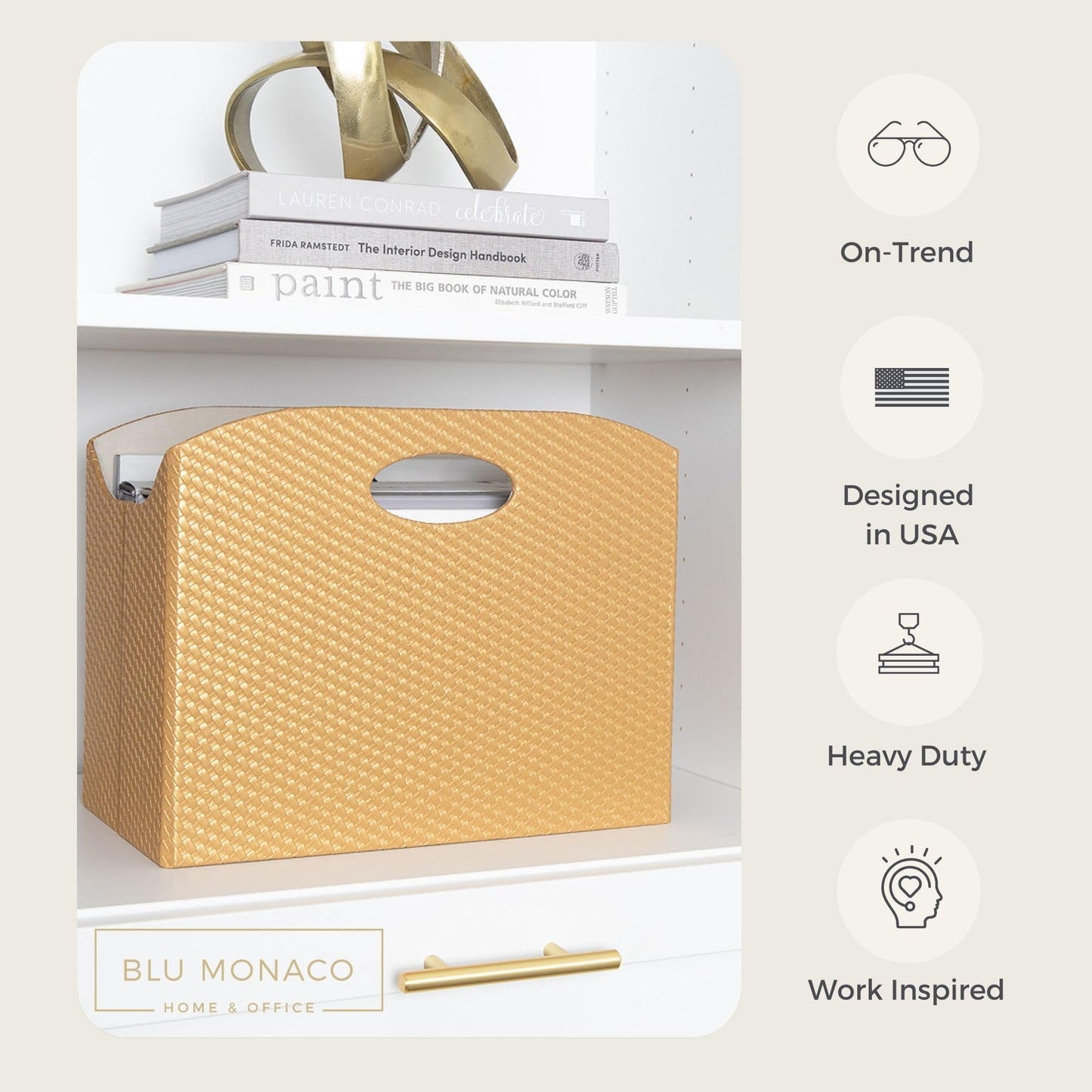 BLU MONACO | Gold Magazine Holder | Woven PVC Leather Organizer with MDF Frame | Floor or Table