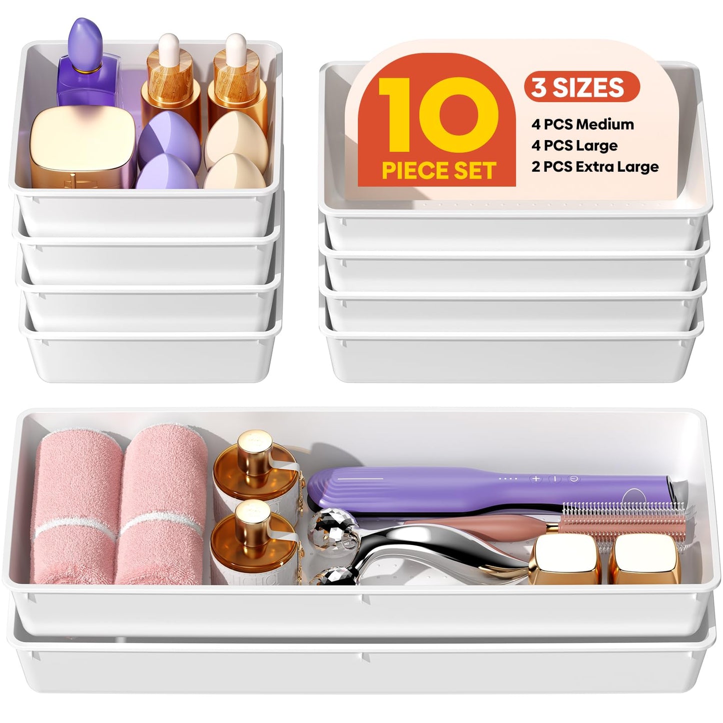MLIKLU 10 Pack Large Size Plastic Drawer Organizers Set, 3 Sizes Desk Drawer Organizer Trays