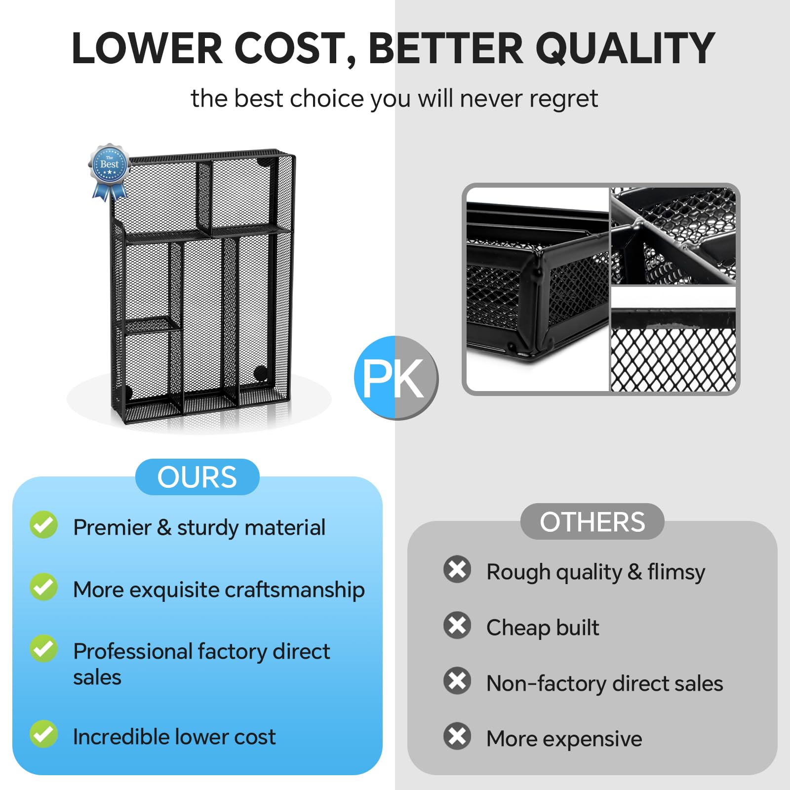 Desk Drawer Organizer, Office Drawer Divider Organizer Tray with 6 Compartments, Metal Mesh Desktop