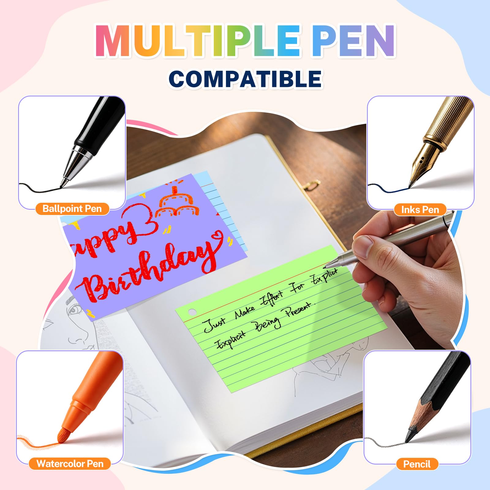 600 Pcs Index Cards 3x5, Colored Index Cards With Ring 6 Colors Flashcards