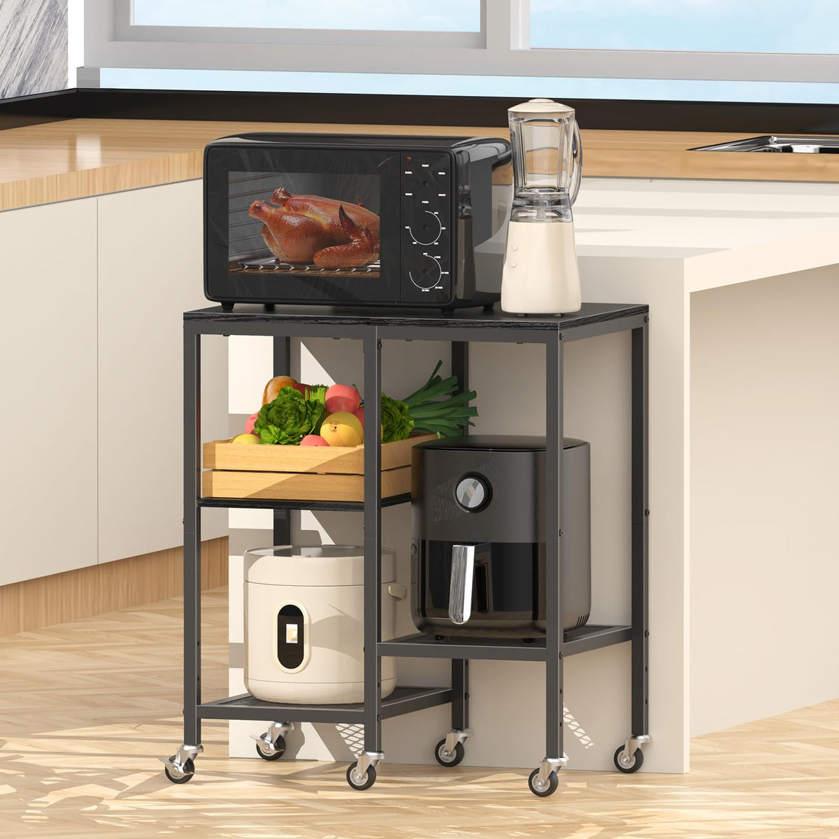 OGEMXU Rolling Kitchen Microwave Cart,4 Tier Microwave Stand,Black