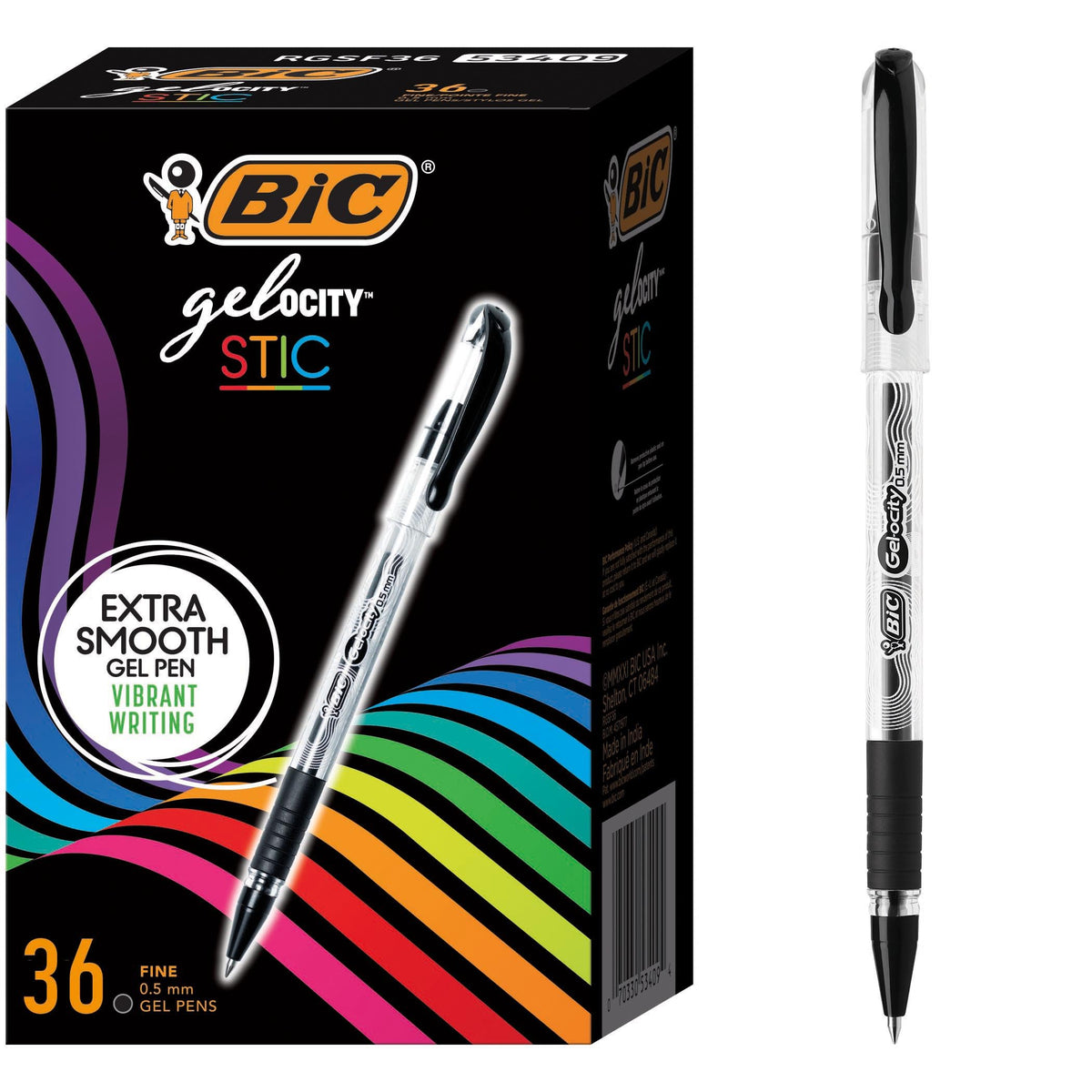 BIC Gel-ocity Smooth Stic Gel Pen, Fine Point, 0.5mm, Black Ink, 36-Count