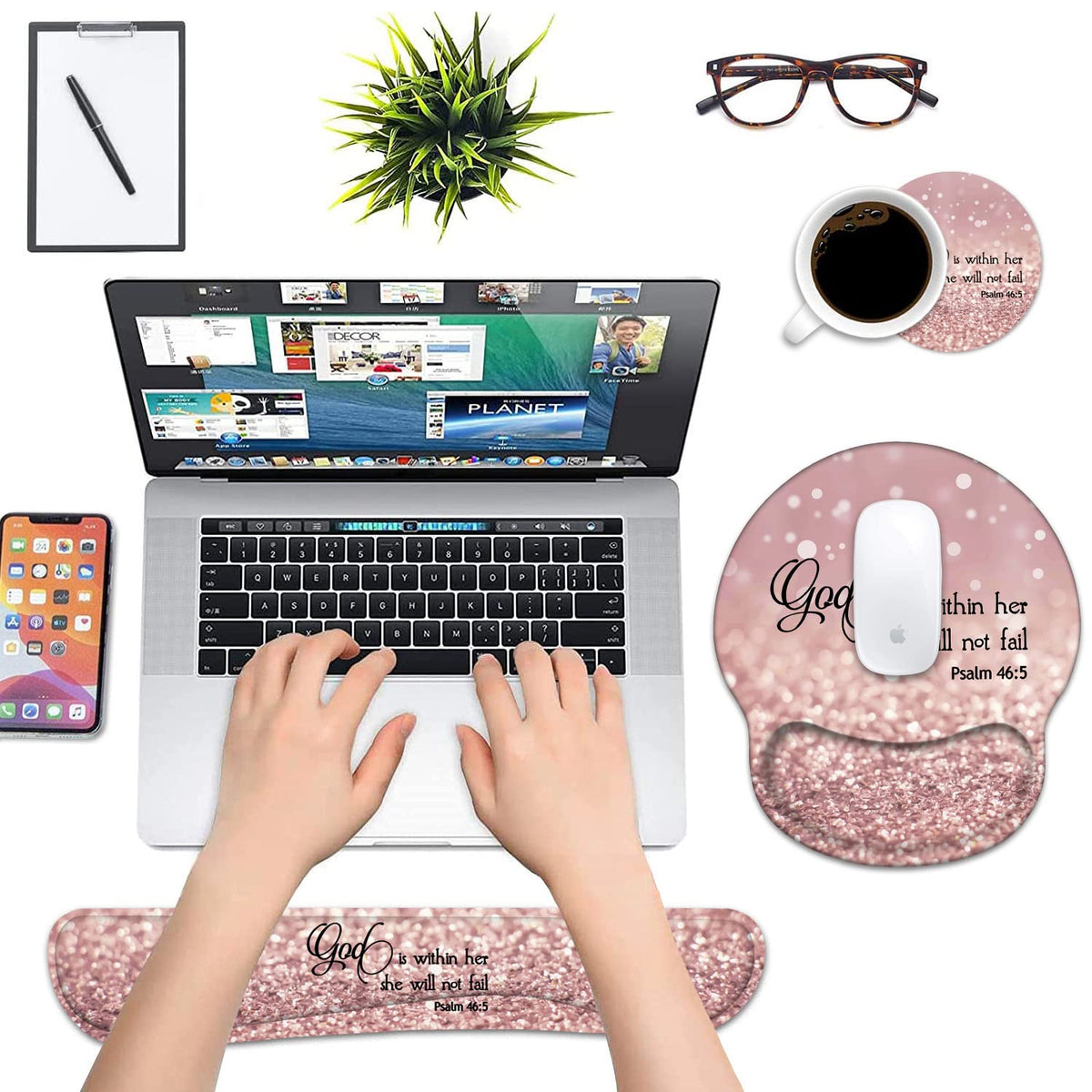 Keyboard Wrist Rest and Mouse Pad Wrist Support Set with Coasters, Quote Bible Verse Psalm 46:5
