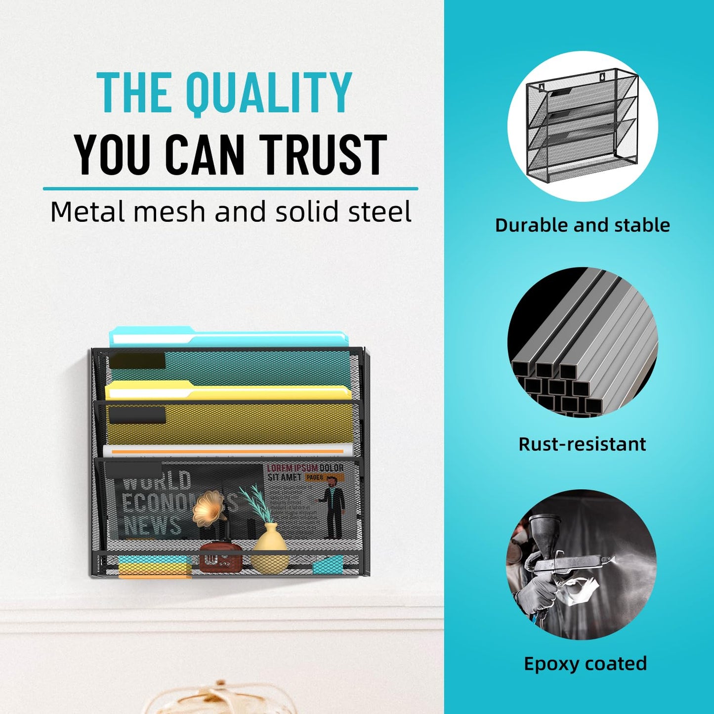SUPEASY Wall File Organizer Mesh Office Mail Holder, Hanging Wall Organizer Magazine Rack for