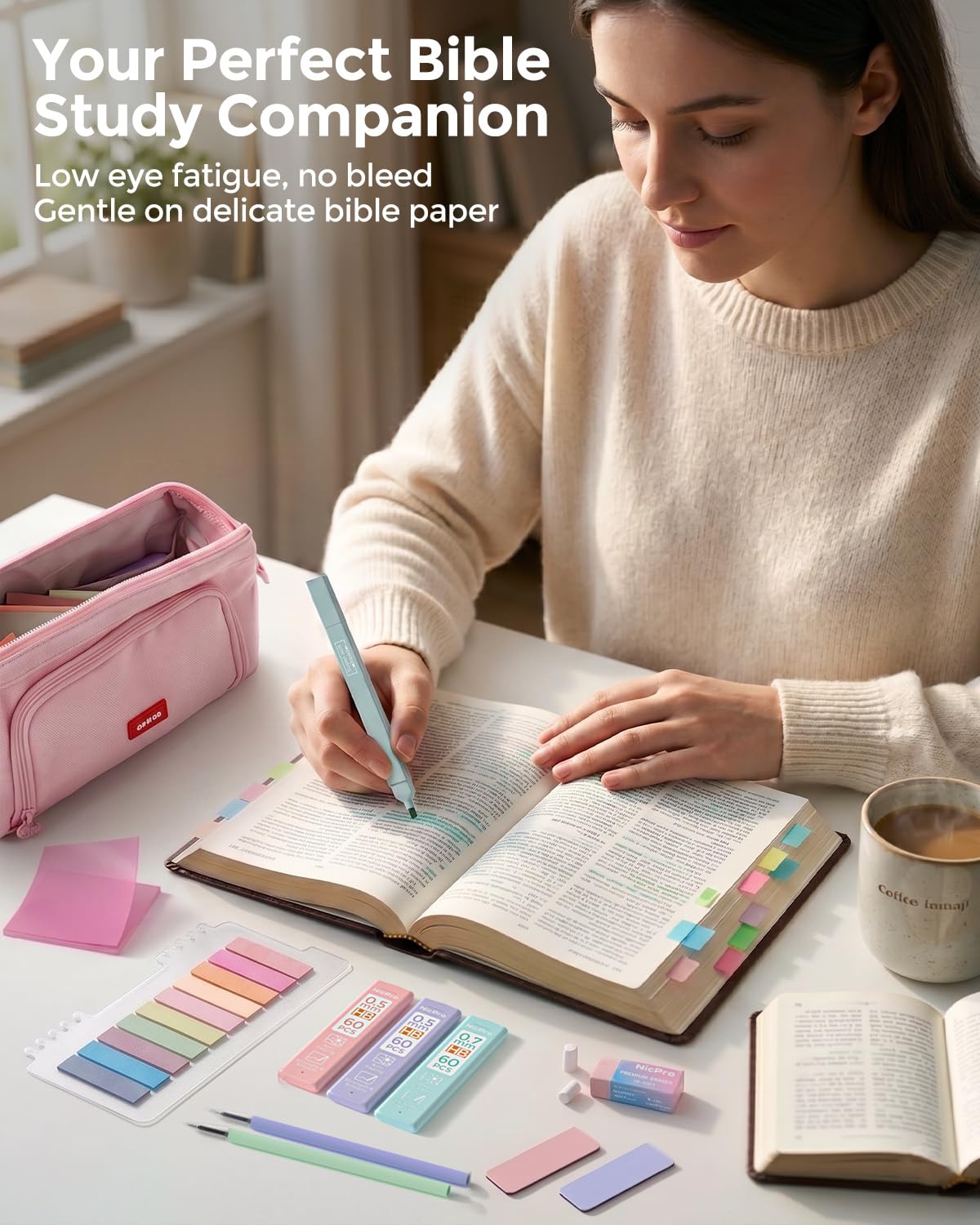 Nicpro 71PCS Aesthetic School Supplies with Pen Case, Bible Study Kit, Pink