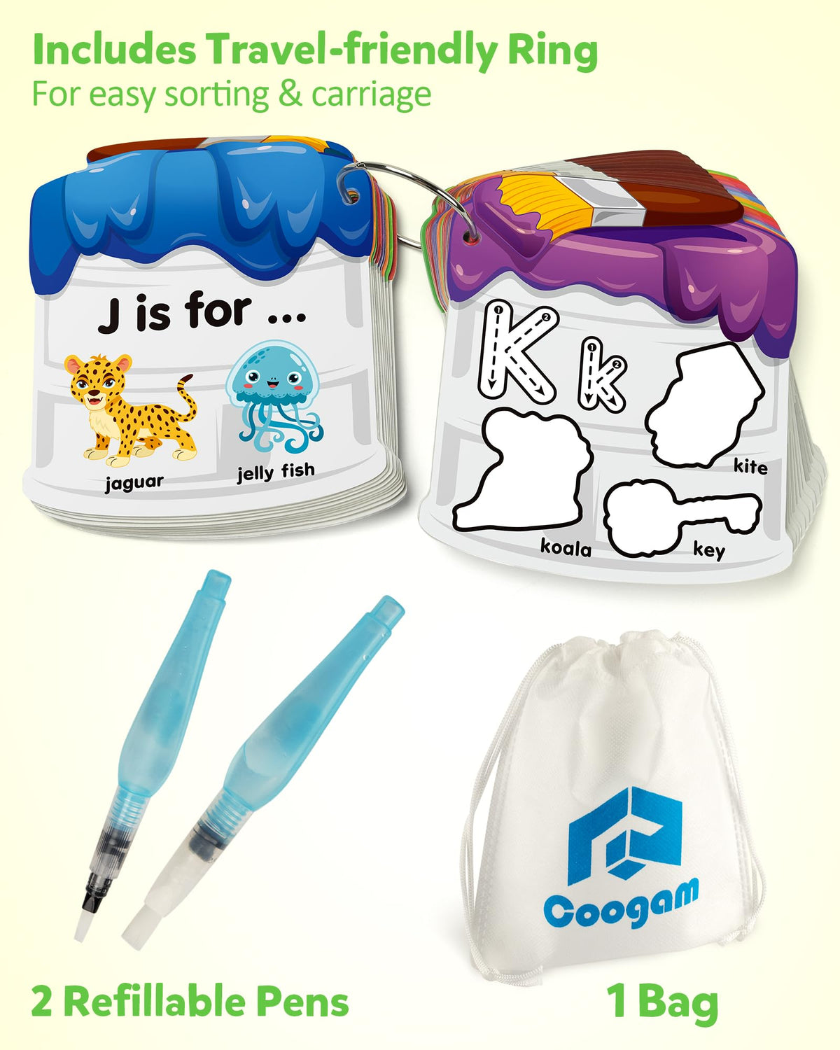 Coogam Water Painting Cards with Learning Alphabet, Reusable Aqua Painting Doddle Vocabulary Flash