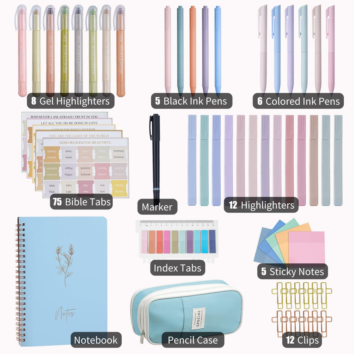 KOPKOFT Bible Study Supplies, Bible Journaling Kit for Women with Journal, Pen Case, Tabs