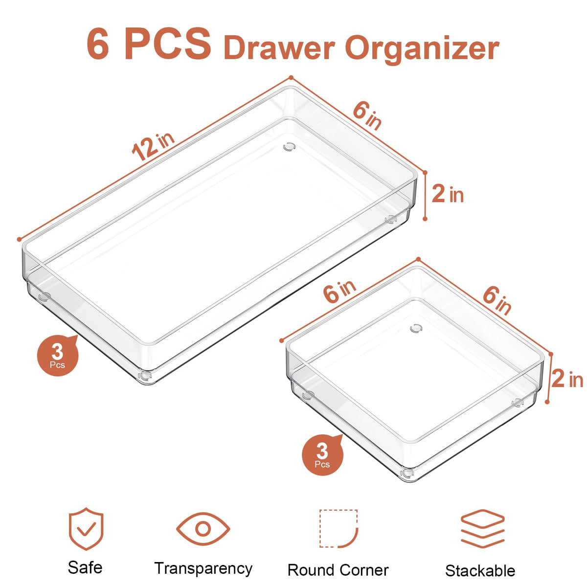 SMARTAKE 6 PCS Clear Plastic Kitchen Large Size Drawer Organizers Set