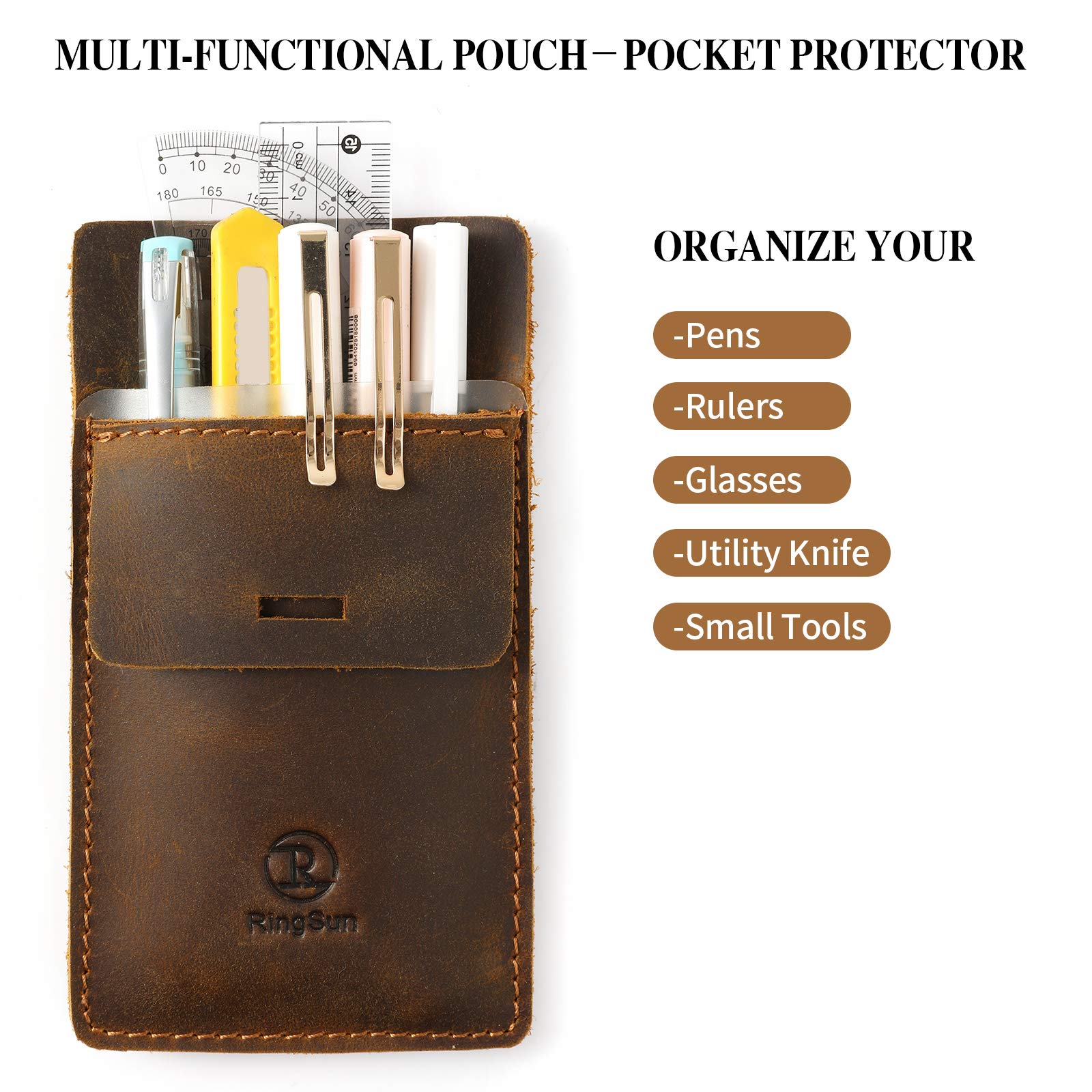 Ringsun Men's Pocket Protector - Full Grain Leather - Heavy Duty Pen Holder for Shirts, Lab Coats