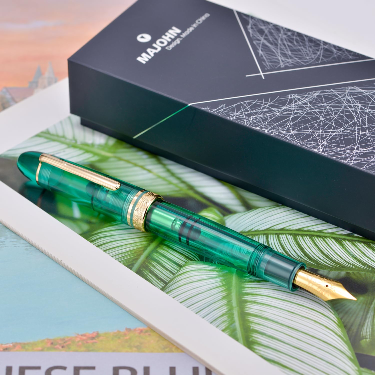 erofa Majohn P140 Piston Fountain Pen NO.8 Medium Nib, Large Capacity Transparent Green Acrylic