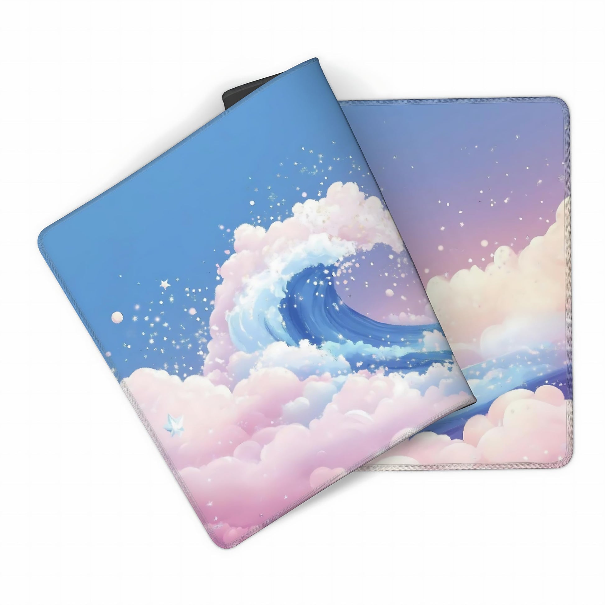 Cute Aesthetic Kanagawa Great Wave Gaming Mouse Pad, Blue Pink Macaron Desk Mat with Anti-Slip Base