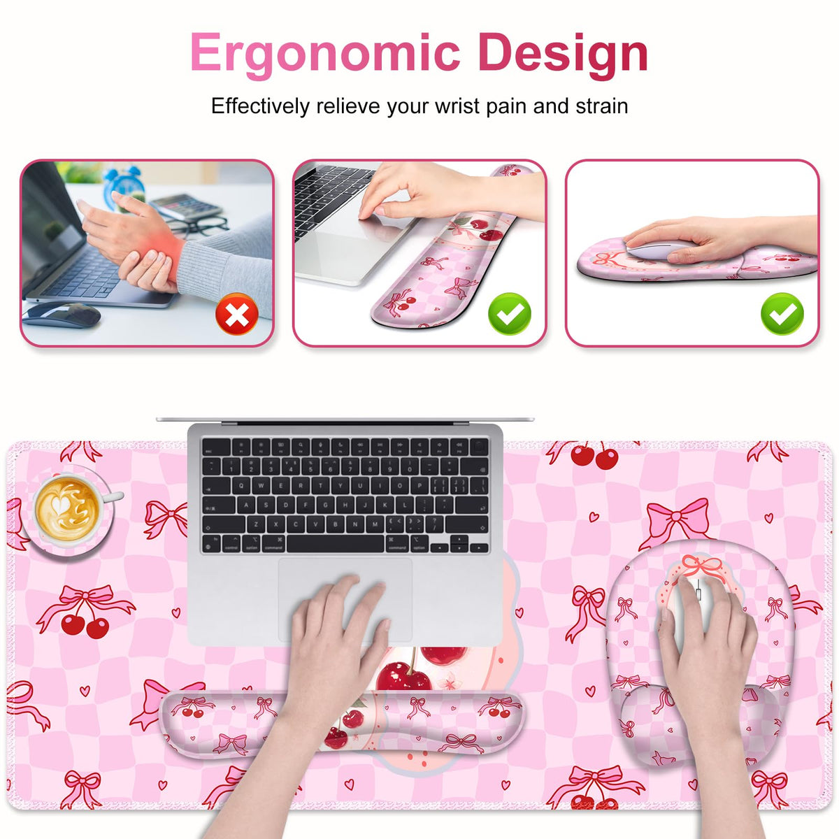 Cute Check Mouse Pad with Wrist Support 4 in1 Set, XXL Big Game Mousepad + Keyboard Wrist Rest +