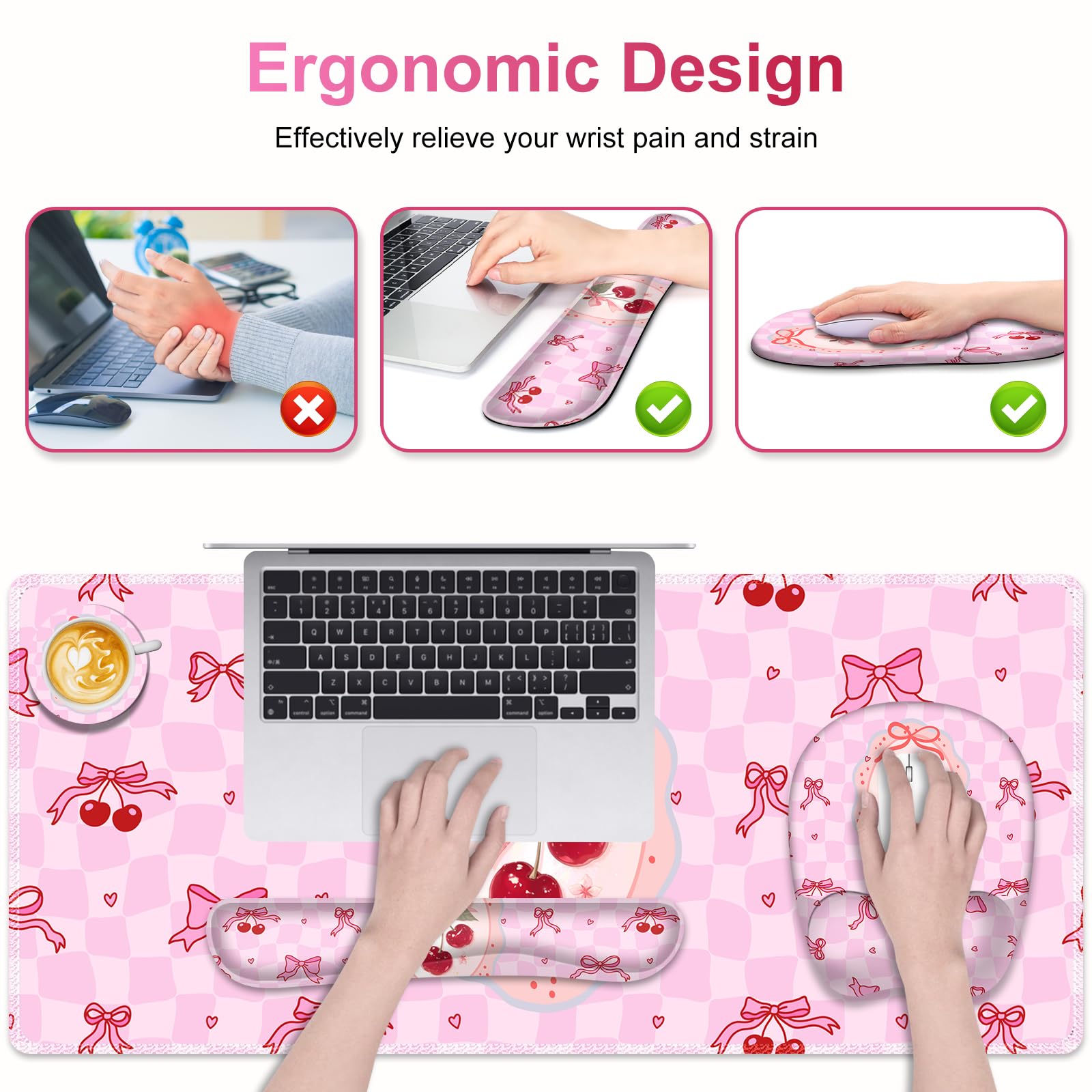 Cute Check Mouse Pad with Wrist Support 4 in1 Set, XXL Big Game Mousepad + Keyboard Wrist Rest +