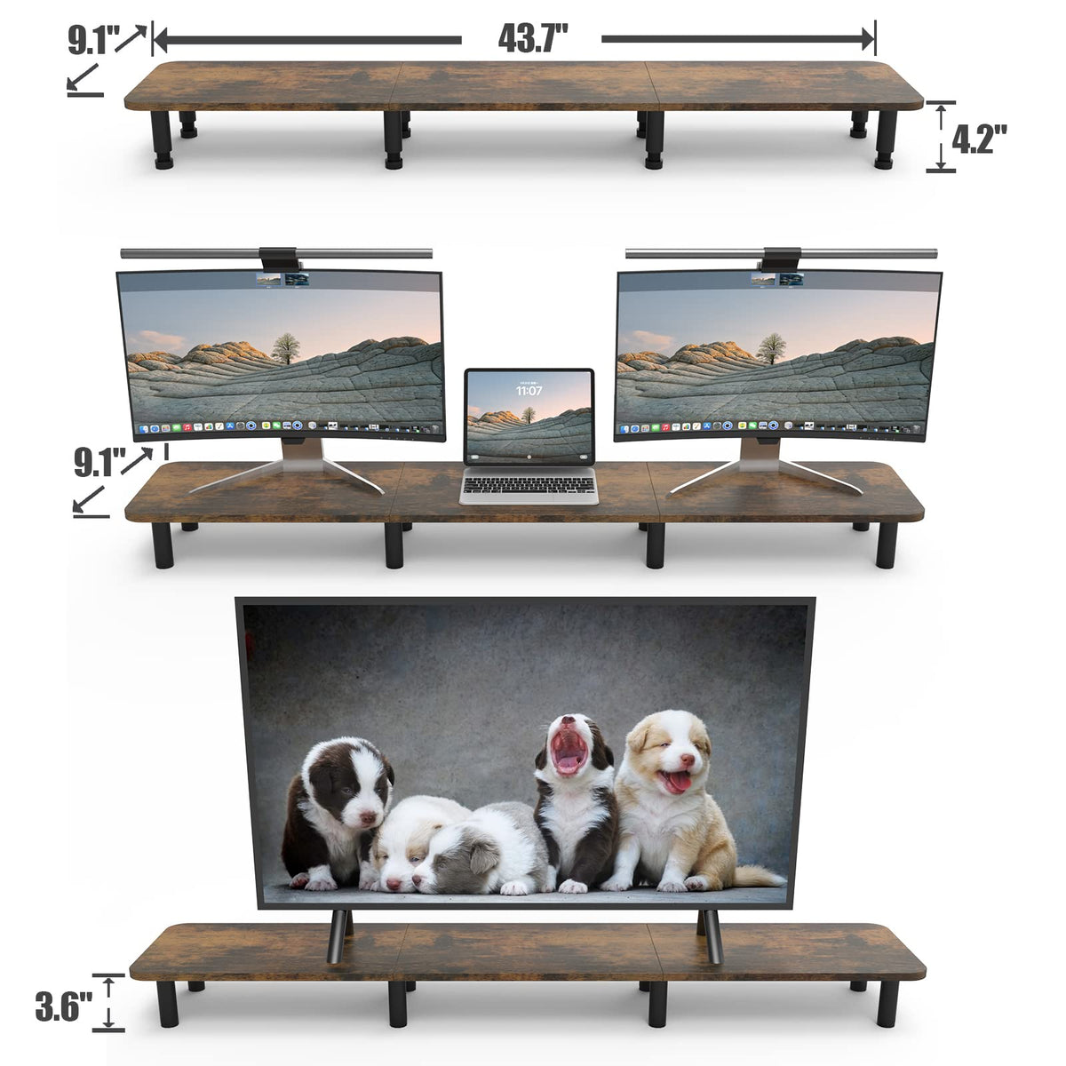 WEGASTU Dual Monitor Stand - 43.7 inch Extra Long Wide TV Stand - Wood & Steel Leg Desktop Riser