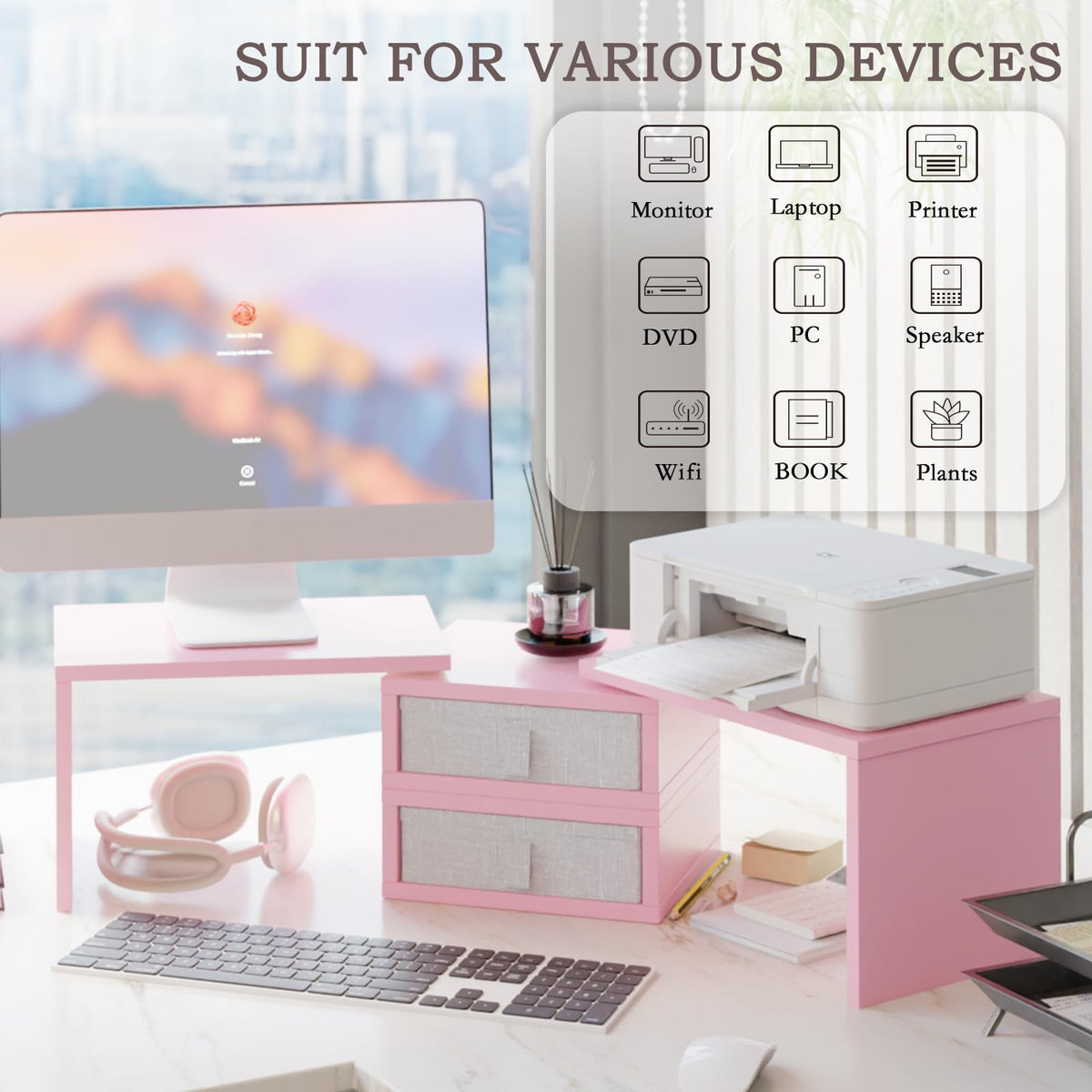 TEAMIX Pink Dual Monitor Stand Riser with 2 Drawers - Length and Angle Adjustable Double Corner
