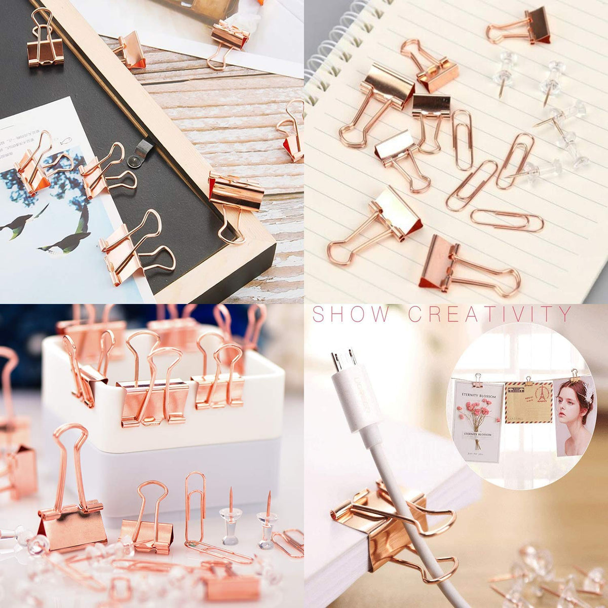 KIDMEN Rosegold kit,Set of Binder Clips,Paper Clips,Push Pins, Total 226pcs