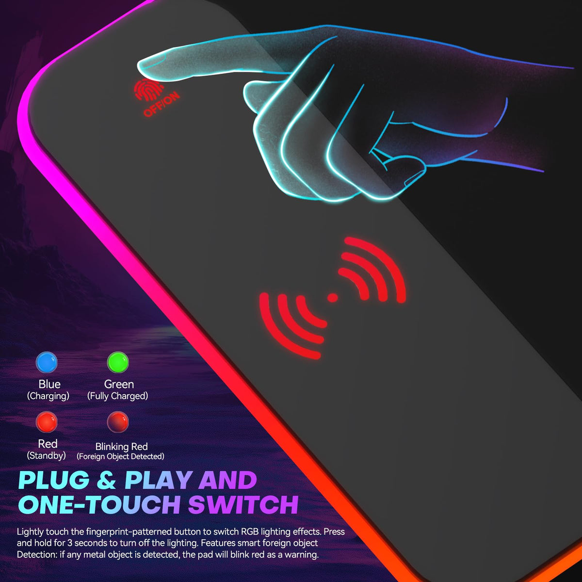 TIDALSOIL RGB Gaming Mouse Pad, 15W Wireless Charger Desk Mat 27.6x11.8 in