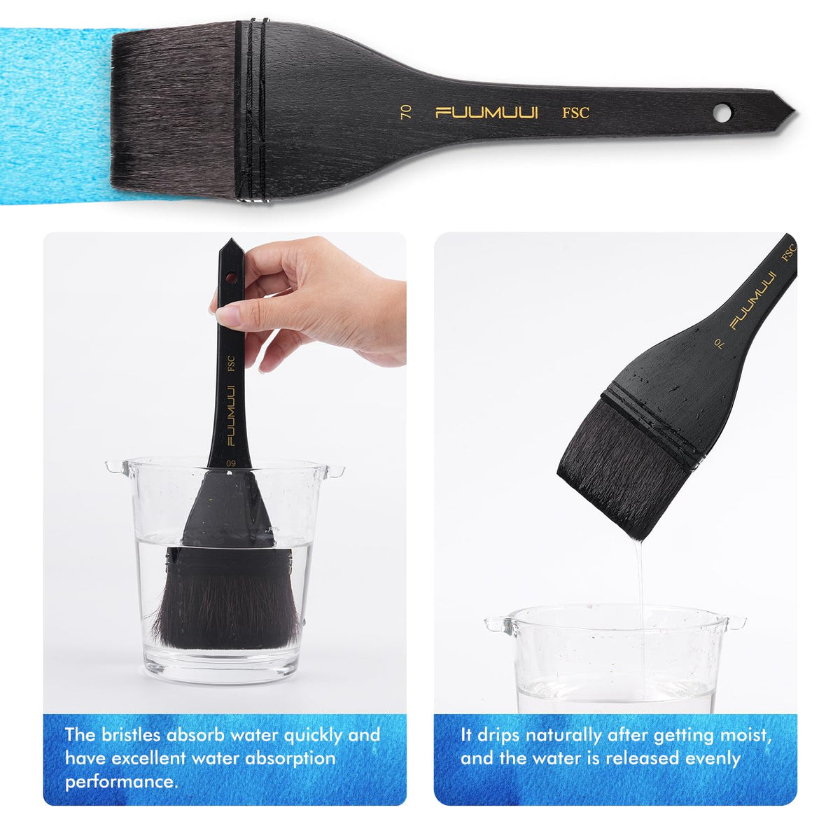 Flat Watercolor Brushes, Fuumuui 70mm Professional Squirrel Hair Flat Hake Brushes, Artists Scale