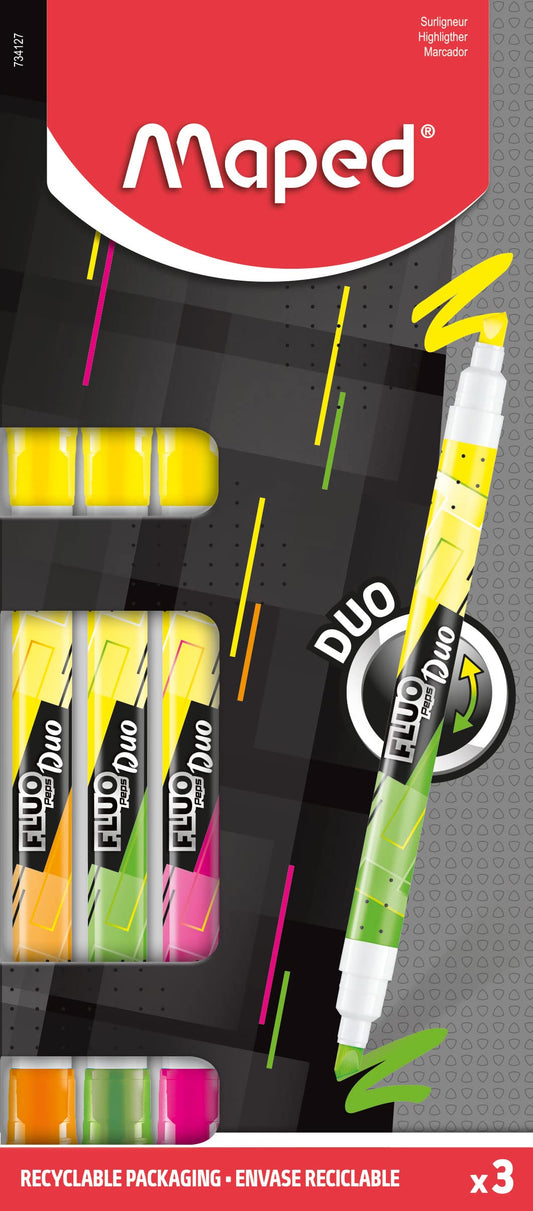 Maped - 3 Highlighters Fluorescent Peps Duo - 2-in-1 Fluorescent Pens with Double Tip - Comfortable