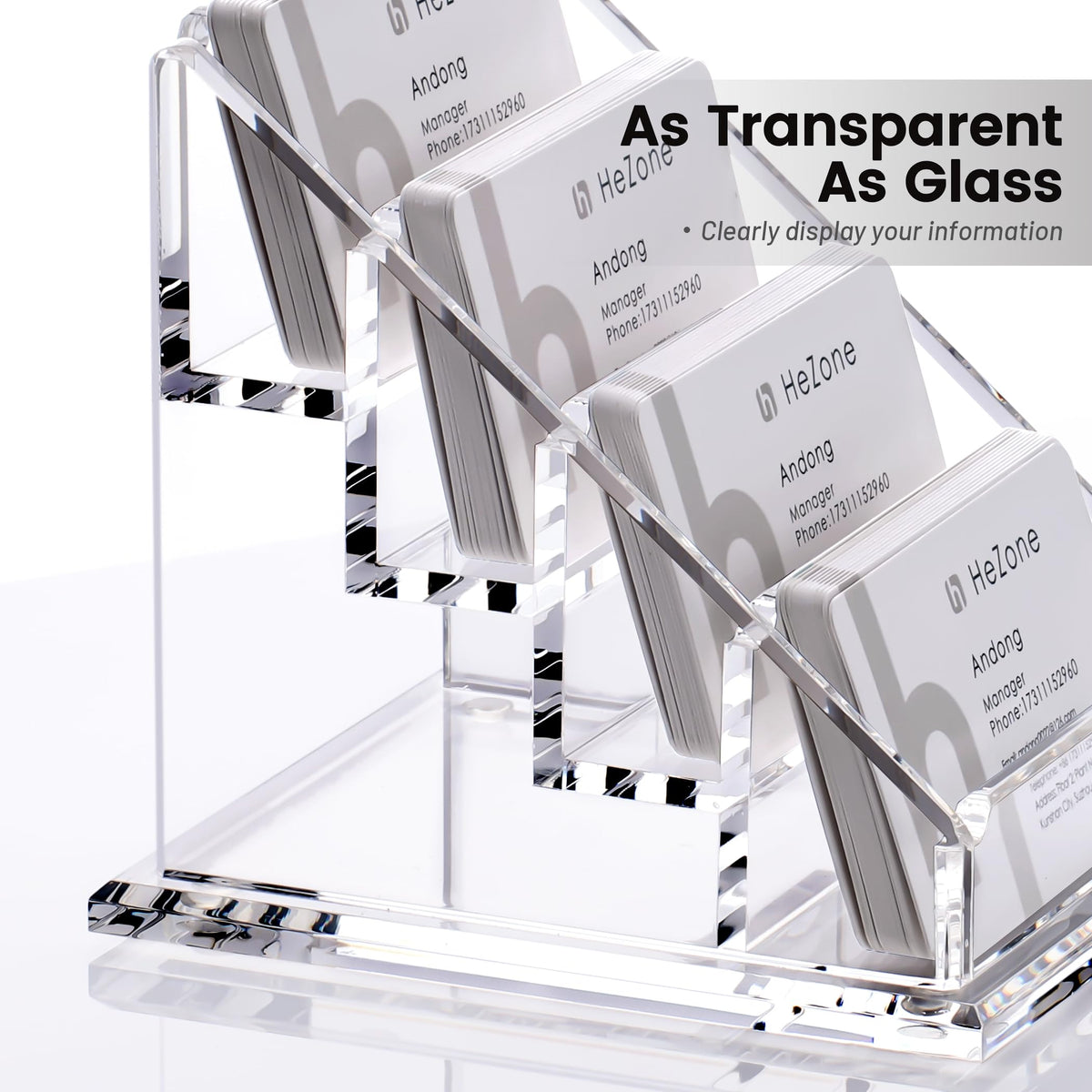 HeZone Acrylic Card Holder Clear Horizontal Business Card Organizer Stand for Desk 4 Slots 4 Tier