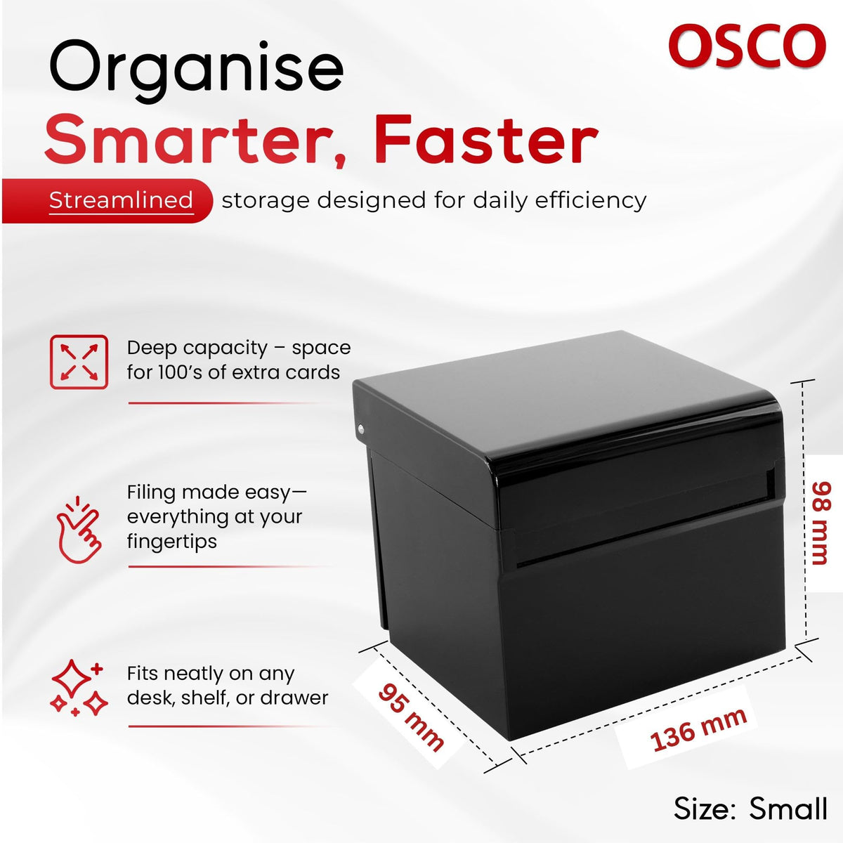 OSCO Black Hi-Gloss Plastic Index Box, Small, A to Z Divider Tabs, 100 Lined Note Cards, 5" x 3"