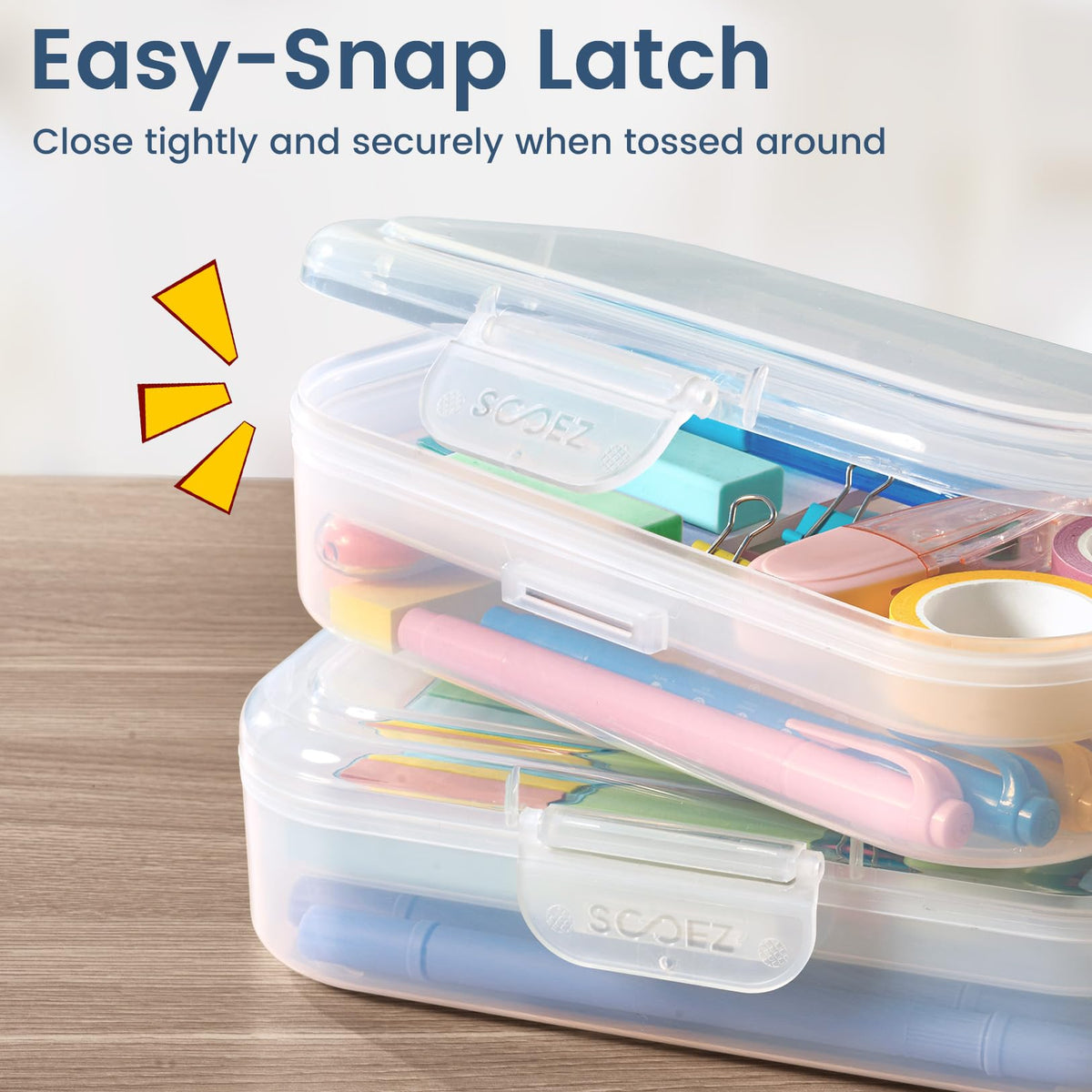 Sooez 6 Pack Pencil Box, Plastic Pencil Case Holder with Latch, Clear Crayon Box Marker Organizer