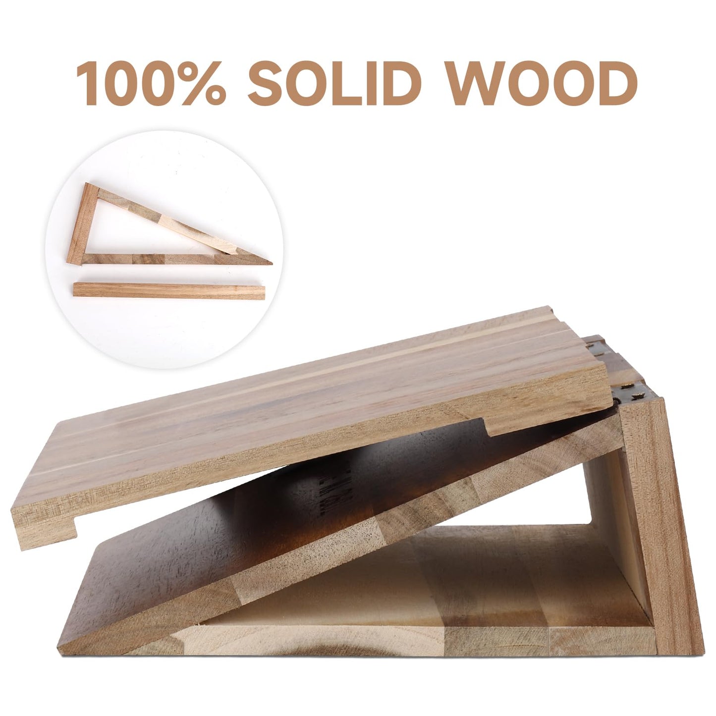 3HQ Wooden Book Stand for Reading Rest, Acacia Triangle Book Holder with Cup, Glasses, Pen & Phone