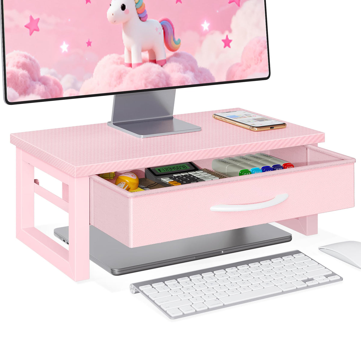 HEWORLIF Desk Organizers and Accessories, Computer Monitor Stand Riser with Fabric Drawer, 2-Tier