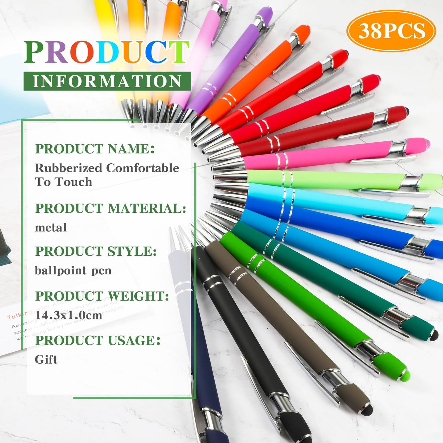 Zonon 38 Pcs Stylus Ballpoint Pens, Metal Rubberized Grip, Assorted Colors