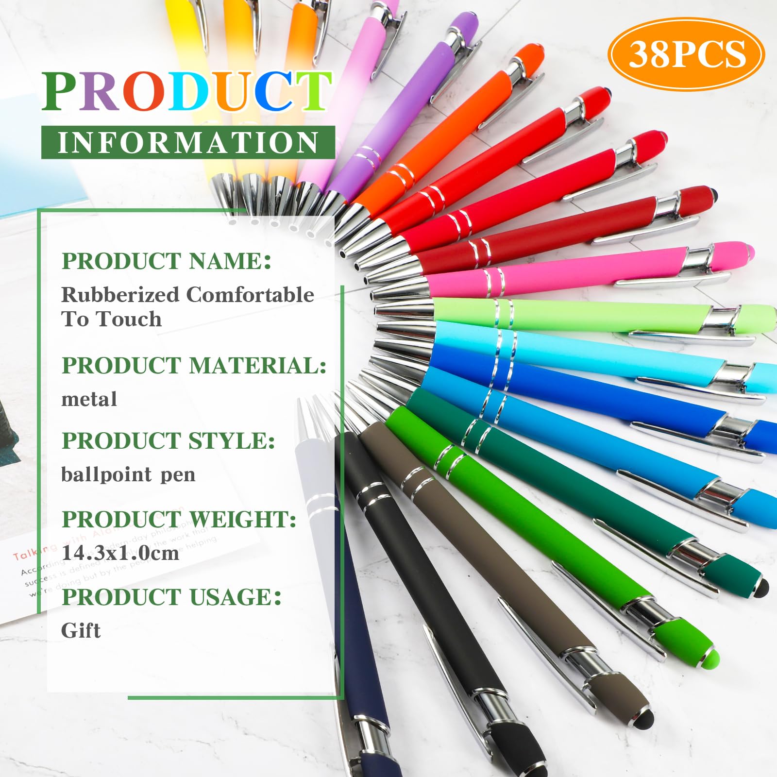 Zonon 38 Pcs Stylus Ballpoint Pens, Metal Rubberized Grip, Assorted Colors