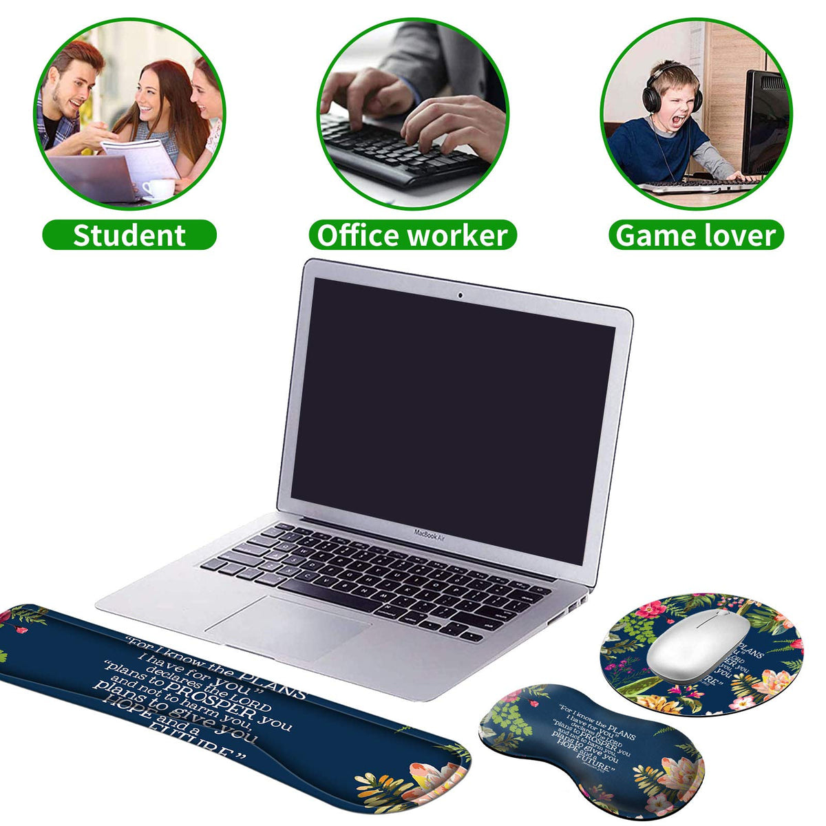Ergonomic Keyboard Wrist Rests Gel Memory Foam Mouse Pad with Round Mousepad + Coasters, Wrist