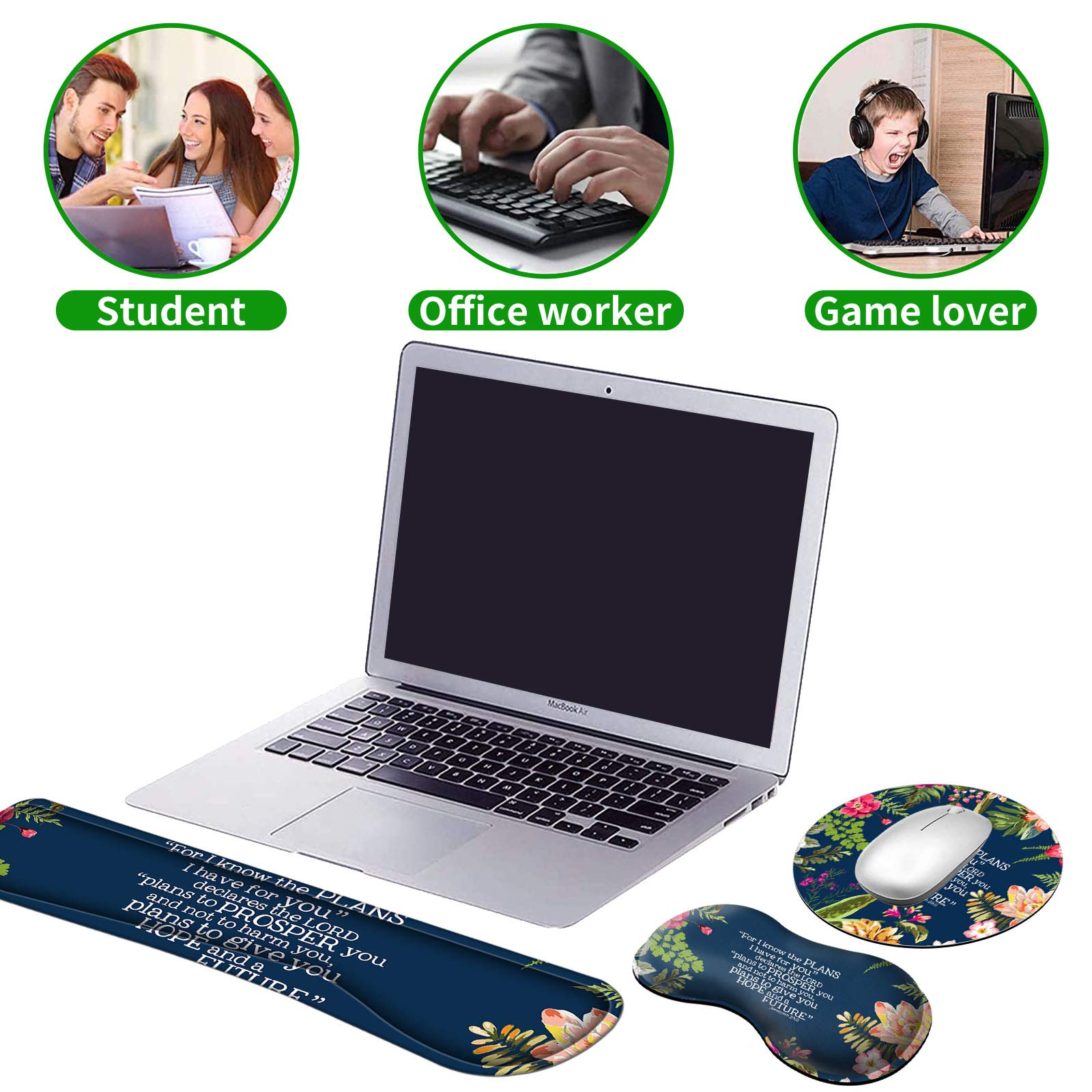 Ergonomic Keyboard Wrist Rests Gel Memory Foam Mouse Pad with Round Mousepad + Coasters, Wrist