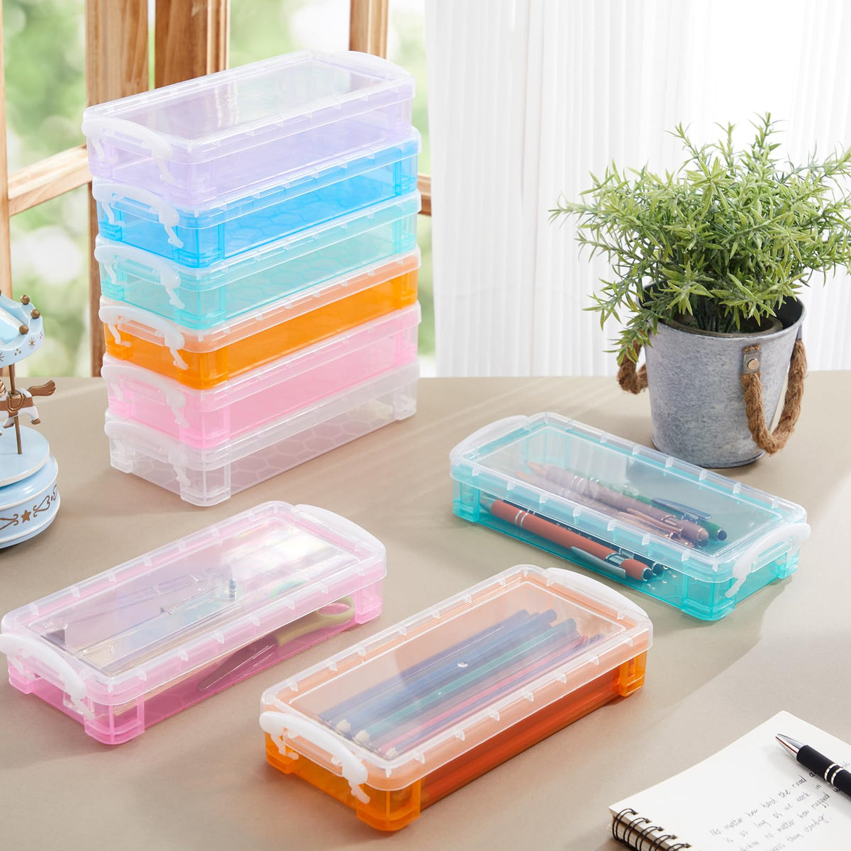 Gueevin 24 Pcs Pencil Box Clear Plastic Pencil Case, Macaron