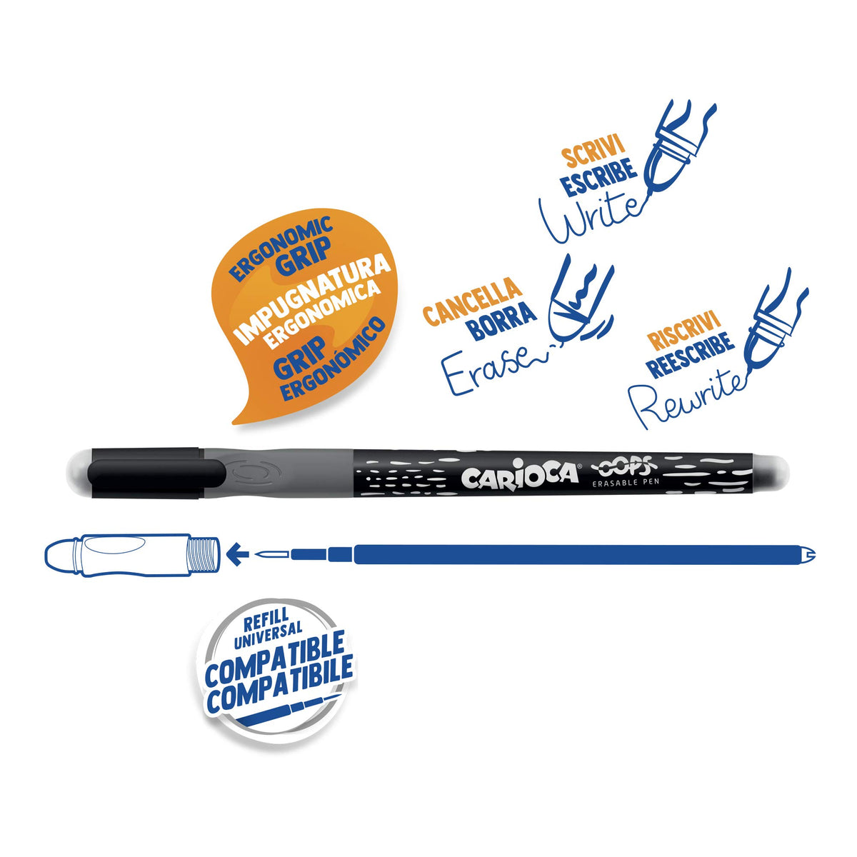 CARIOCA Oops Black Pens | Refillable Erasable Pens Set for School and Office with Cap, Double