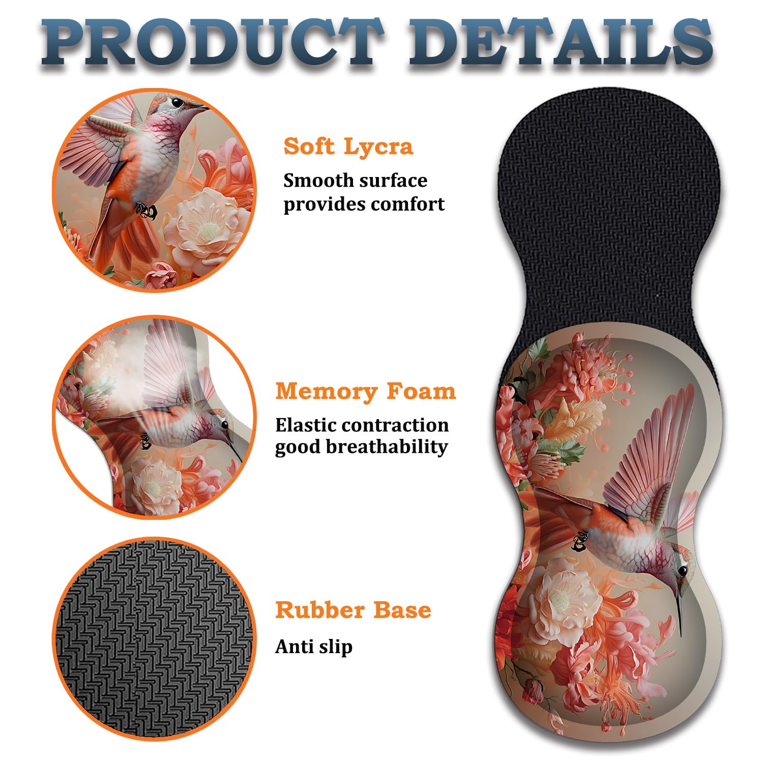 HTTYYTRYT 3-Piece Hummingbird Pink Mouse Pad Set, Including Wrist Support Pad and Cup Holder, with