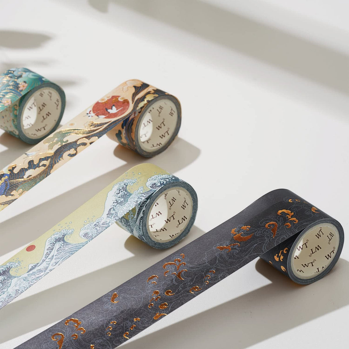 WT Waves of Rebun Washi Tape Set, 4 Rolls, Gold Foil, Decorative Masking Tape, Bujo Planner