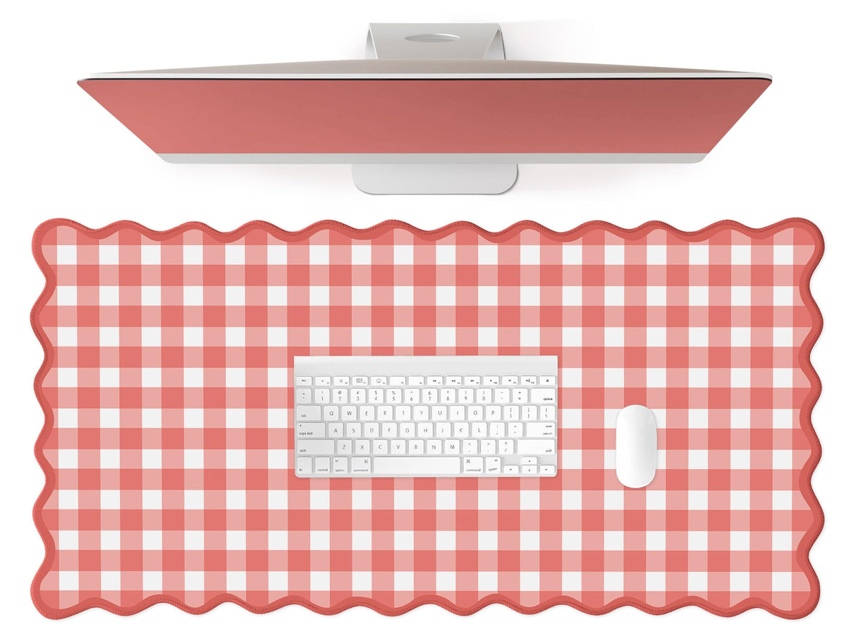 ohisxiacy Scalloped‌ Checkered Gingham Desk Mat Cute Red XXL Large Mouse Pad Kawaii Cottagecore