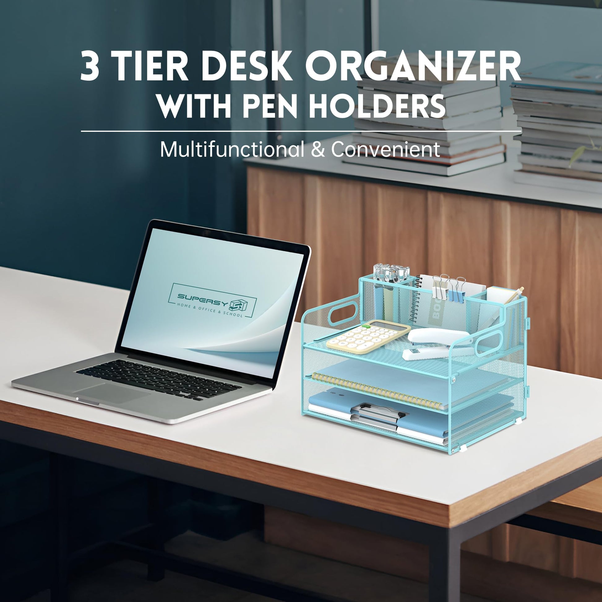3-Tier Desk Organizer with Pen Holder and Handles, Paper Organizer, Blue