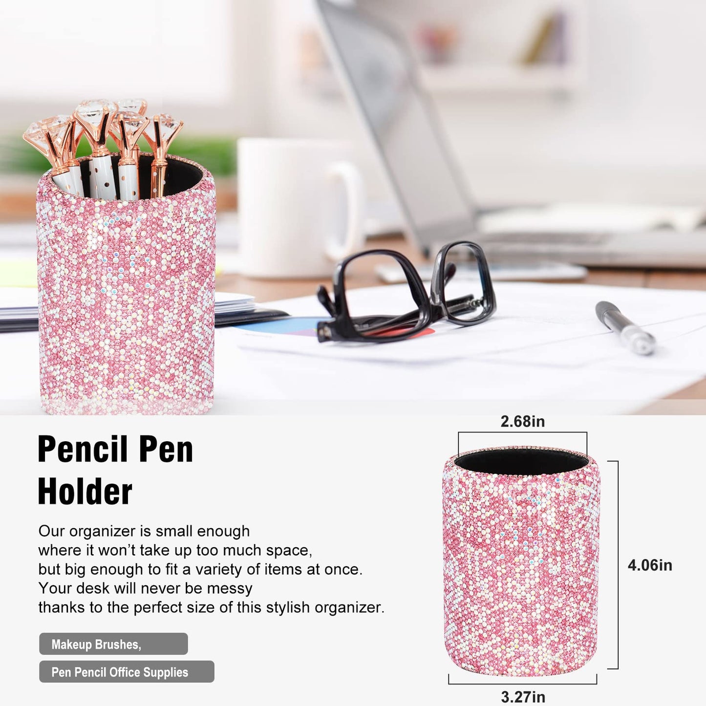 Bling Crystal Luxury Handmade Diamond Round Pencil Pen Pot Holder & Stapler & Card Holder & Desktop