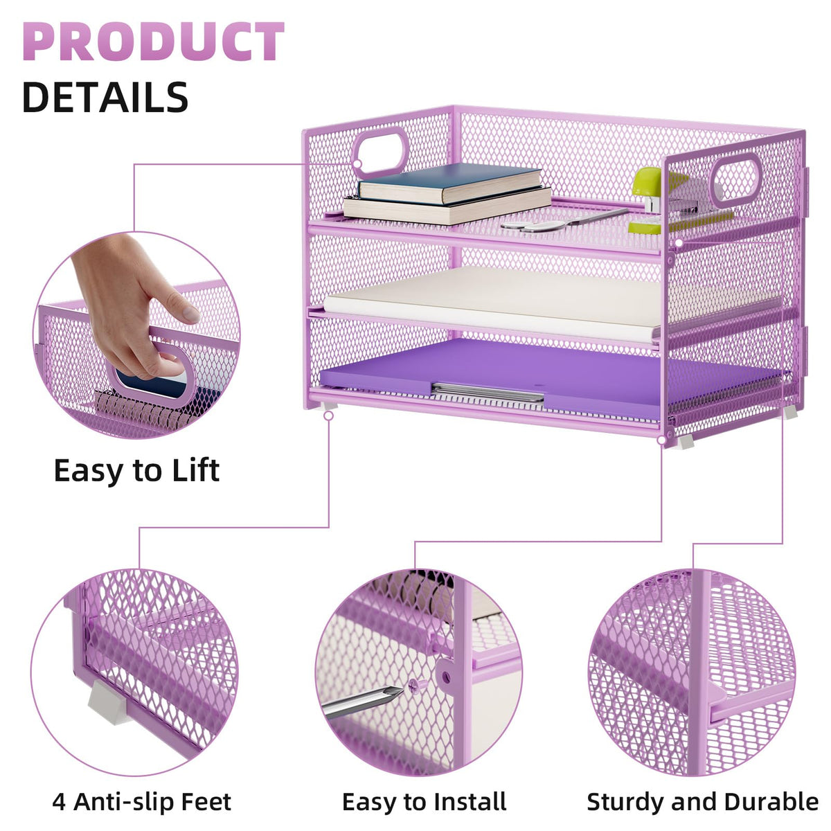Marbrasse 3 Tier Paper Organizer Letter Tray, Mesh File Organizer with Handle, Paper Sorter Desk