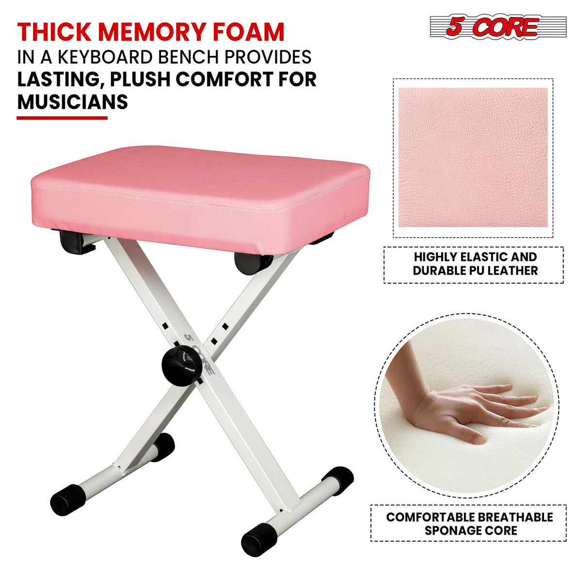 5 CORE Keyboard Bench 3 Inch Padded Seat Adjustable Piano Stool X-Style 20.5 Inch Height