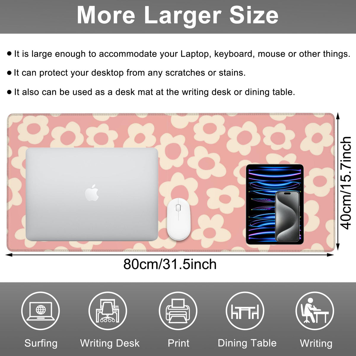 Mouse Pad, Large Pink Groovy Flowers Desk Mat, Extended Non-Slip Gaming Keyboard Mousepad Desk Pad