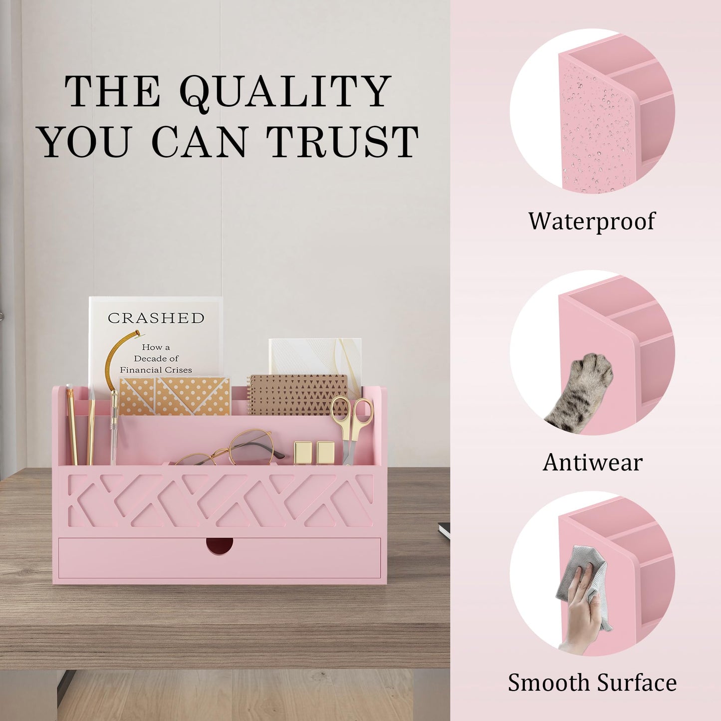 Wisuce Bamboo Mail Organizer with Drawer, Countertop Desk Organizer (Pink)