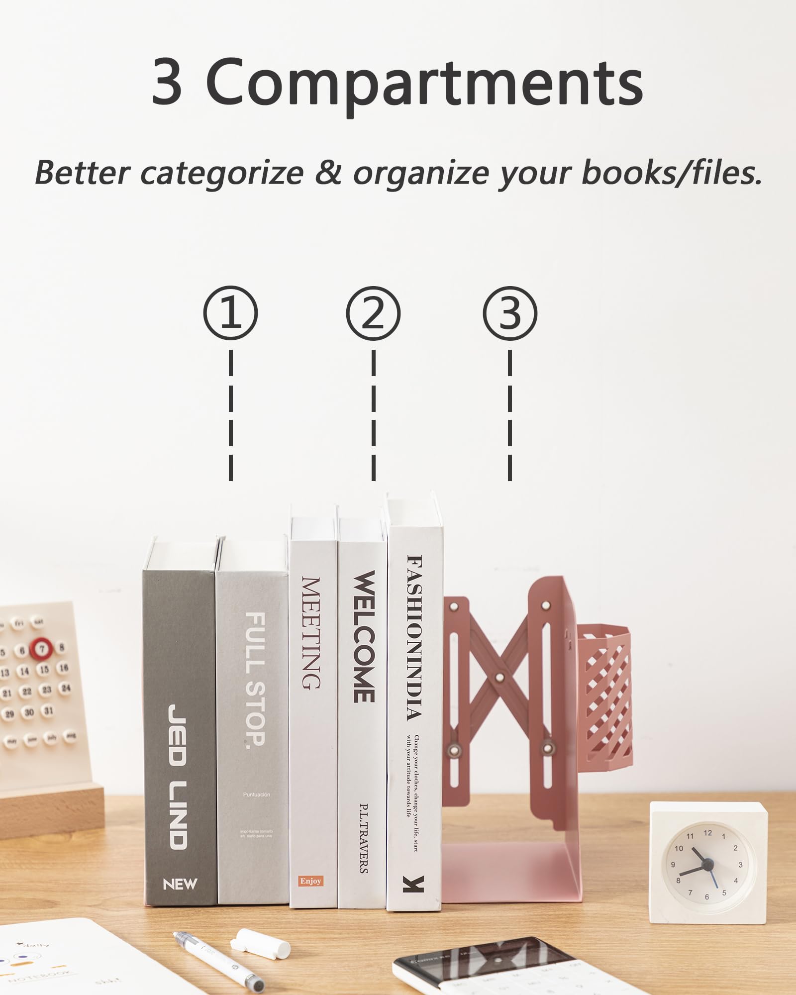 Kingsmile Book Ends, Adjustable Heavy Duty Metal Book Stoppers with Pen Holder for Desk Office