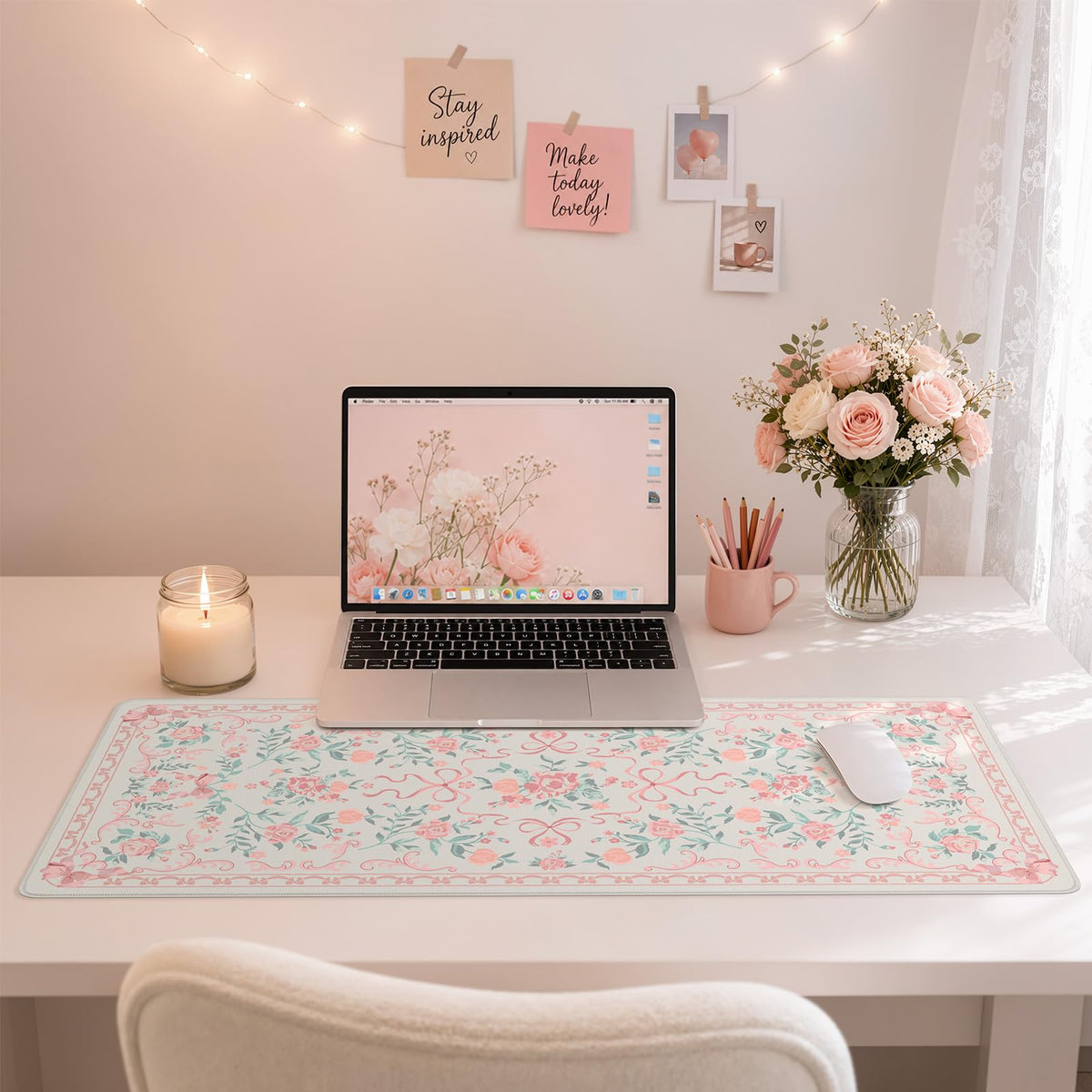 HAOCOO Pink Desk Protector, 31.5" x 11.8" Cute Desk Pad for Vanity Decor