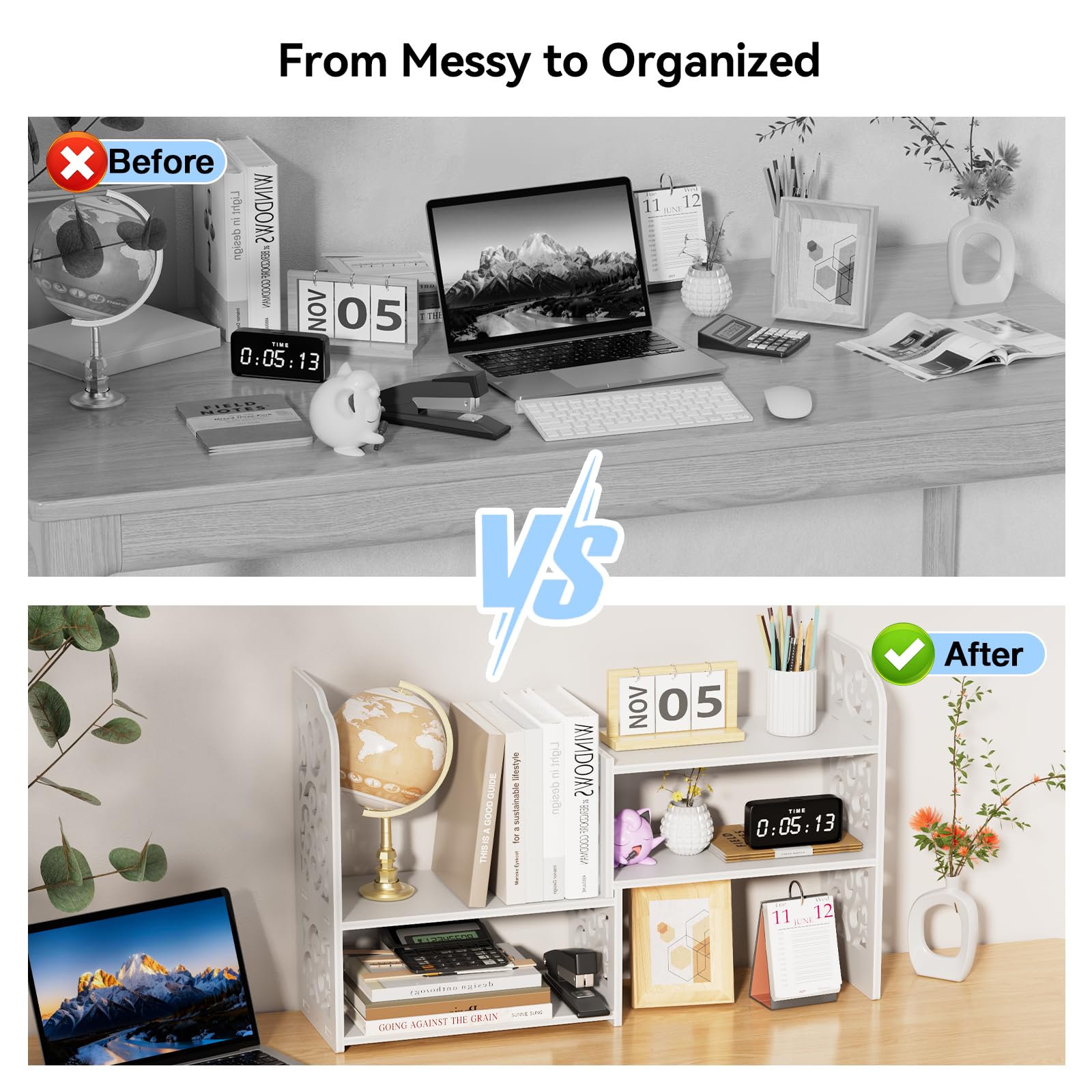 YGYQZ Adjustable Desktop Shelf Organizer, 3-Tier Desk Shelf, White Pattern