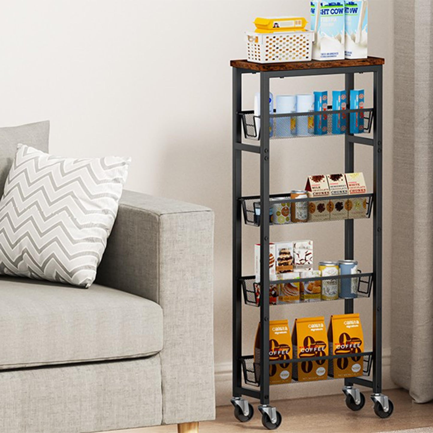 Honest Slim Storage Cart 4-Tier Slim Rolling Cart with Metal Frame and Wooden Top, 6.3 Inches