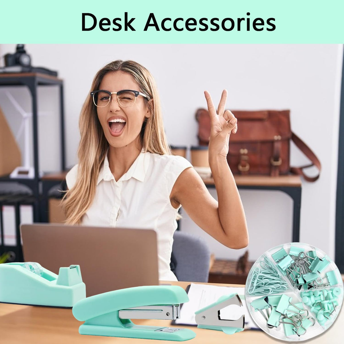 Office Supplies,Green Desk Accessories,Office Supplies Set,Stapler and Tape Dispenser