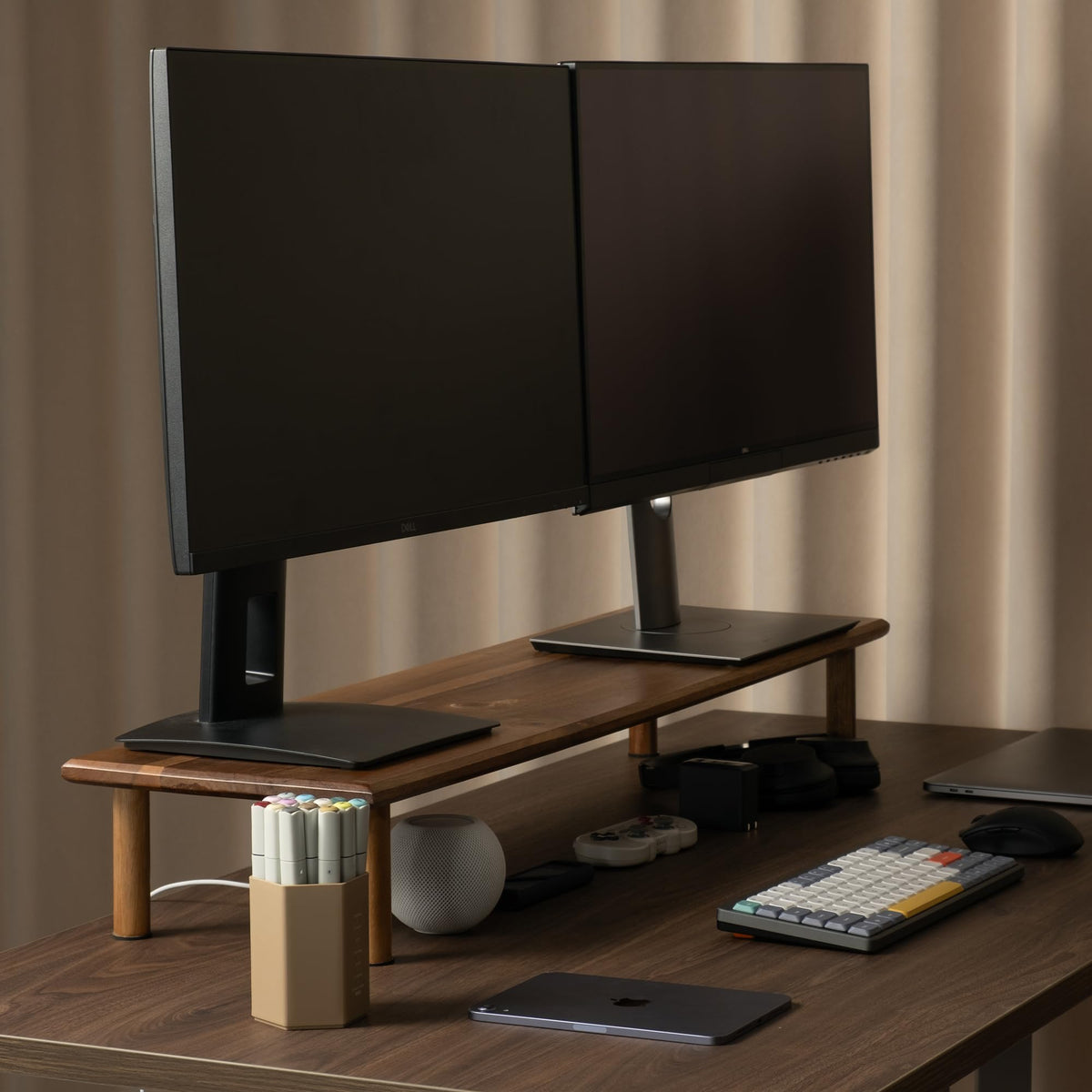 ROCDEER Dual Monitor Stand Riser, Acacia Wood Desktop Shelf with Storage